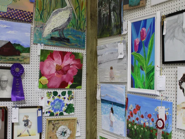 Artwork entries with blue and purple ribbons displayed at the West Tennessee State Fair